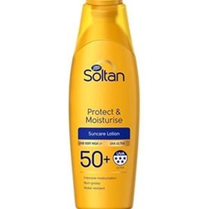 Soltan Protect & Moisturise Lotion SPF 50+ 200ml – high protection sunscreen lotion with long-lasting moisture for sensitive skin.