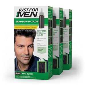 Just For Men Shampoo In Color Real Black H55 men’s hair color with keratin and vitamin E for strong hair and natural gray coverage