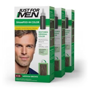 Just For Men Shampoo In Color Medium Brown H35 men’s hair color with keratin and vitamin E for natural gray coverage and stronger hair