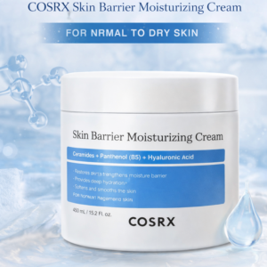 COSRX Skin Barrier Moisturizing Cream 450ml – intensive moisturizing cream enriched with ceramides and skin barrier strengthening ingredients that deeply hydrates dry and sensitive skin, restoring softness, smoothness, and healthy glow.