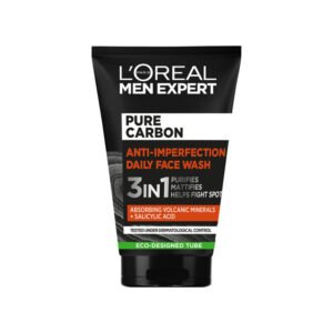 L’Oréal Men Expert Pure Carbon Anti-Imperfection 3-in-1 Daily Face Wash 100ml for men, cleanses, exfoliates, and controls oil for clear skin