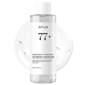 Anua Heartleaf 77 Soothing Toner 250ml – pH 5.5 calming toner with 77% heartleaf extract for soothing sensitive skin, hydration, purifying pores, and trouble care, vegan and cruelty-free.