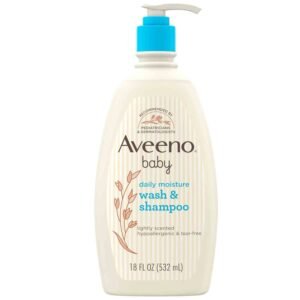Aveeno Baby Daily Moisture Gentle Body Wash & Shampoo 532ml – 2-in-1 tear-free baby cleanser with oat extract that gently cleanses hair and sensitive skin while maintaining moisture balance and leaving a light fresh scent.