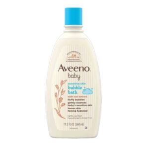 Aveeno Baby Sensitive Skin Bubble Bath 568ml – gentle bubble bath enriched with oat extract that cleanses, soothes sensitive baby skin, creates rich bubbles, and provides a fun, tear-free bath time experience.