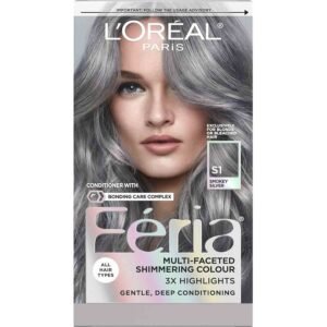 L’Oréal Paris Feria Permanent Hair Color Smokey Silver – Cool-toned silver hair dye with smoky undertones for bold, edgy, and long-lasting metallic shine.