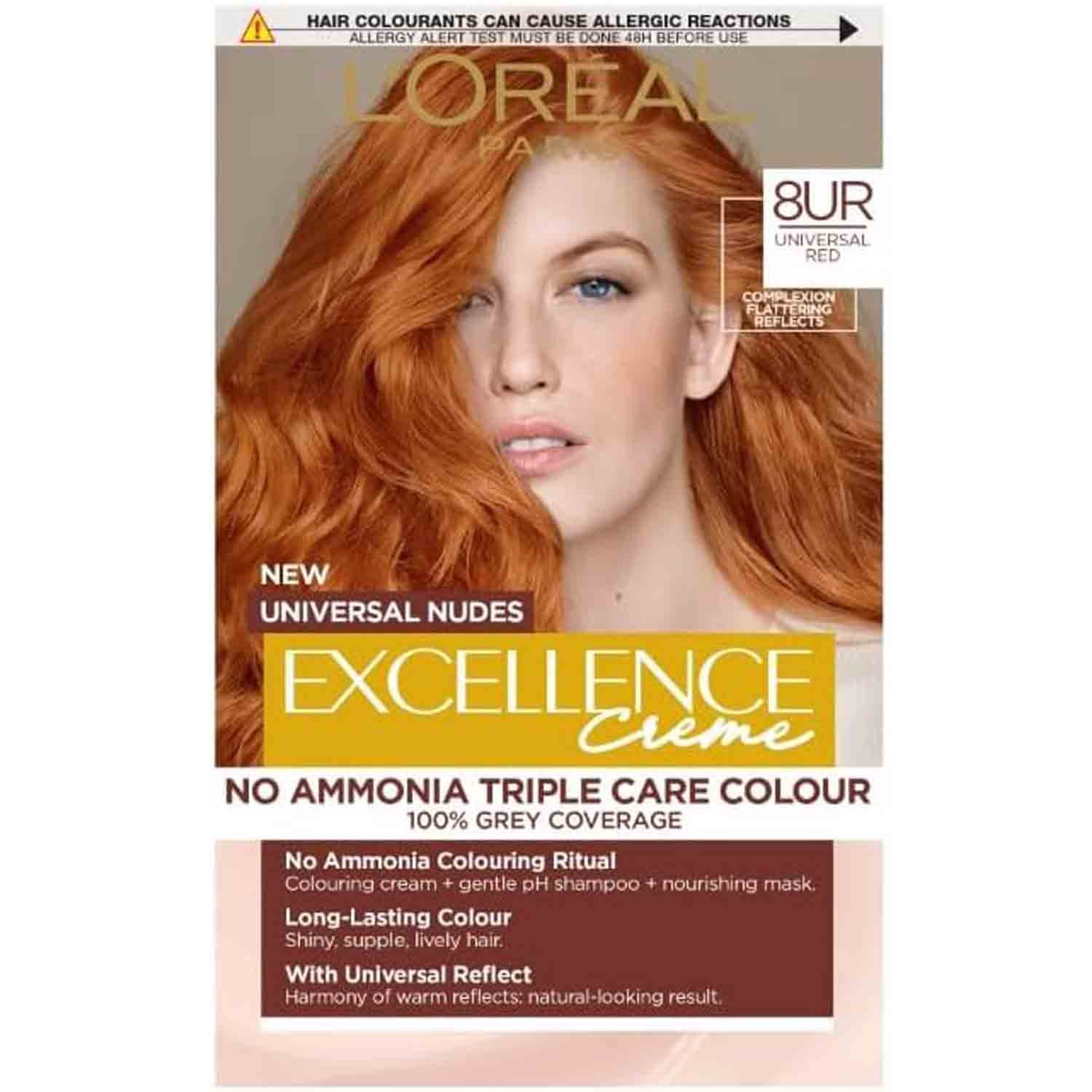 L'Oréal Paris Excellence Universal Nudes Hair Colour – 8UR Universal Red (Ammonia-Free) L’Oréal Paris Excellence Universal Nudes 8UR Universal Red – ammonia-free hair color for radiant red tone with full grey coverage.