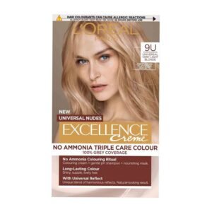 L’Oréal Excellence Nudes 9U Universal Very Light Blonde permanent hair colour, 100% grey coverage