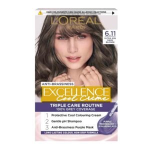 L’Oréal Paris Excellence Cool Crème 6.11 Ultra Ash Dark Blonde, permanent hair colour, 100% grey coverage, Pro-Keratin enriched