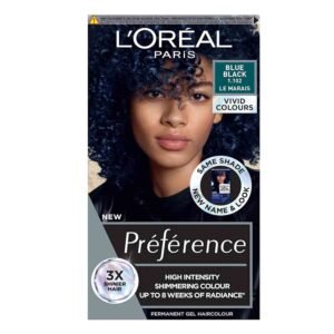 L'Oreal Paris Permanent Hair Color, Preference Vivids Blue Black 1.102 – long-lasting vibrant hair color for up to 8 weeks.