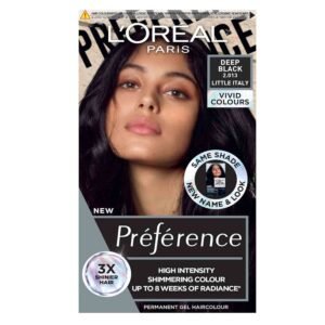 L'Oreal Paris Permanent Hair Colour, Preference Vivids Dark Black 2.01 – long-lasting intense hair color for up to 8 weeks.
