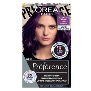 L'Oreal Paris Permanent Hair Color, Preference Vivids Magnetic Plum 3.16 – long-lasting vibrant hair color for up to 8 weeks.