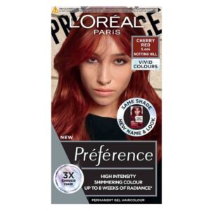 L'Oreal Paris Permanent Hair Colour, Preference Vivids Cherry Red 5.66 – long-lasting vibrant hair color for up to 8 weeks.