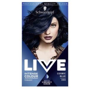 Schwarzkopf LIVE Intense Colour Cosmic Blue 090 – long lasting permanent black blue hair dye with built-in vibrancy serum and up to 100% grey coverage.