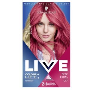 Schwarzkopf LIVE Colour + Lift Deep Coral L77 – permanent pink hair dye that lightens hair up to 3 levels for vibrant coral-pink color and salon-quality results.
