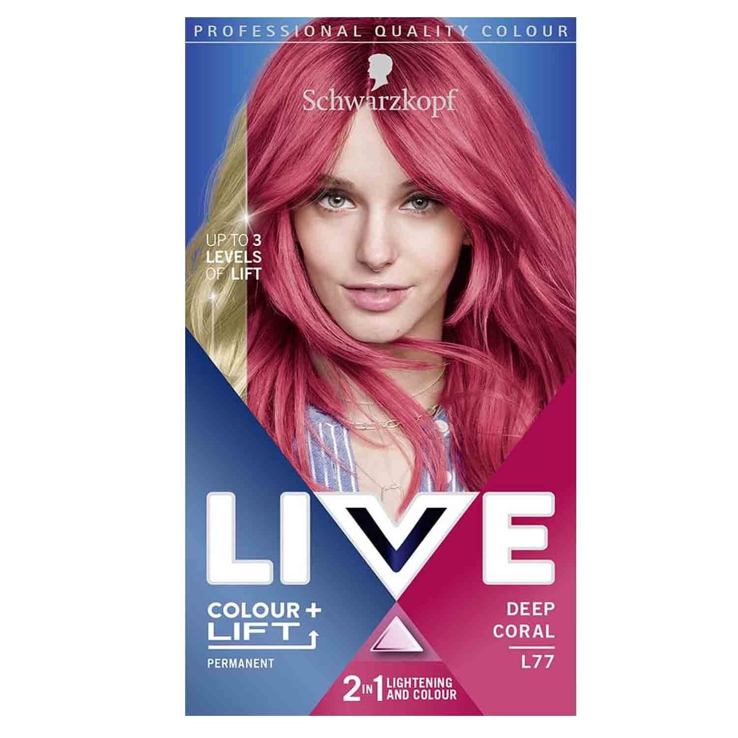 Schwarzkopf LIVE Colour + Lift – Deep Coral L77 Schwarzkopf LIVE Colour + Lift Deep Coral L77 – permanent pink hair dye that lightens hair up to 3 levels for vibrant coral-pink color and salon-quality results.