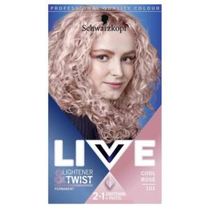 Schwarzkopf LIVE Lightener + Twist Cool Rose 101 – permanent pink hair dye that lightens hair up to 3 levels with 2 in 1 color and lightening technology for cool rose results.