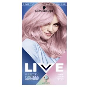 Schwarzkopf LIVE Pretty Pastels Rose Gold P123 – semi-permanent pink hair dye that lasts up to 8 washes for soft pastel rose gold color and shiny finish.