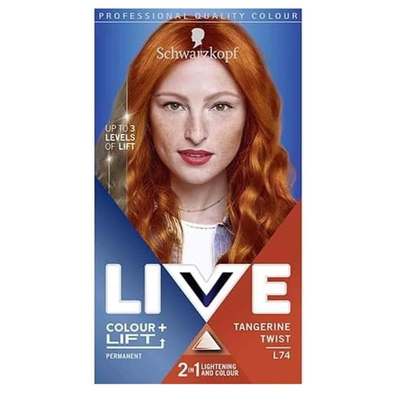 Schwarzkopf LIVE Colour + Lift – Tangerine Twist L74 Schwarzkopf LIVE Colour + Lift Tangerine Twist L74 – permanent vibrant copper red hair dye with built-in lightener that lifts hair up to 3 levels for long-lasting bold color.
