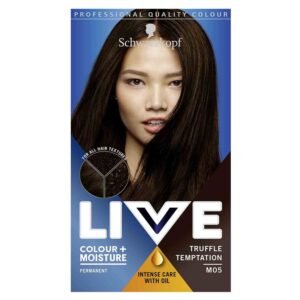 Schwarzkopf LIVE Colour + Moisture Truffle Temptation MO5 – permanent brown hair dye with Keratin Plex technology to strengthen, protect and moisturize all hair textures for long-lasting rich color.