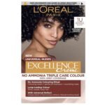 L'Oréal Excellence Nudes 1U Universal Black hair dye – permanent natural black color with subtle universal reflect, 100% grey coverage, suitable for all hair textures.