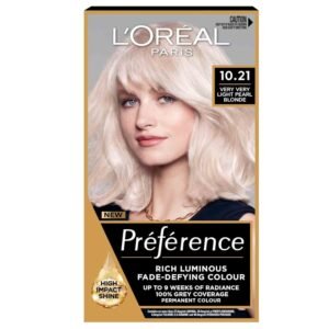 L'Oréal Paris Preference Hair Dye 10.21 Stockholm – long-lasting luminous permanent hair color delivering radiant blonde tone with high shine and salon-quality finish.