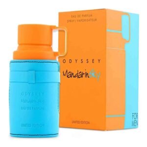 Armaf Odyssey Mandarin Sky EDP for Men 100ml – long-lasting luxury fragrance with vibrant mandarin citrus, sweet gourmand notes, and warm woody masculine finish.