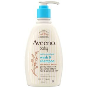 Aveeno Baby Daily Moisture Gentle Body Wash & Shampoo 354ml – 2-in-1 tear-free baby cleanser with oat extract that gently cleanses hair and sensitive skin while maintaining moisture balance with a light fresh scent.