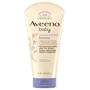 Aveeno Baby Calming Comfort Lotion 227g – soothing baby moisturizer enriched with prebiotic oat, lavender and vanilla scent that deeply hydrates sensitive skin, supports skin barrier, and promotes relaxation for bedtime comfort.