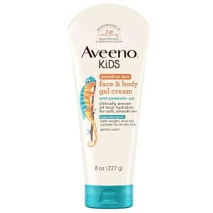 Aveeno Sensitive Skin Face & Body Gel Cream for Kids 227ml – lightweight gel cream enriched with prebiotic oat that soothes and hydrates sensitive skin on face and body, providing gentle all-day moisture and protection.