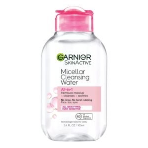 Garnier Micellar Cleansing Water 100ml – all-in-one makeup remover and facial cleanser for all skin types.