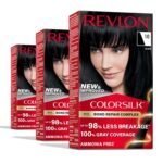 Revlon ColorSilk Bond Repair Complex 10 Black – ammonia-free permanent black hair dye with 100% gray coverage and vegan keratin.