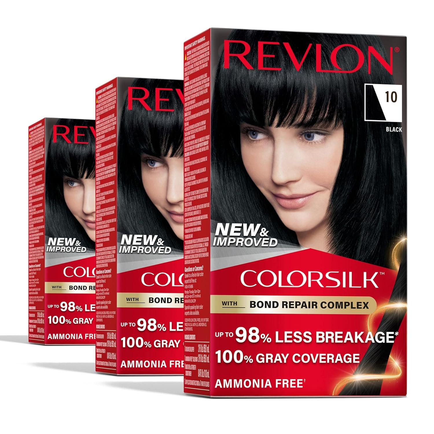 Revlon ColorSilk Bond Repair Complex 10 Black Revlon ColorSilk Bond Repair Complex 10 Black β ammonia-free permanent black hair dye with 100% gray coverage and vegan keratin.