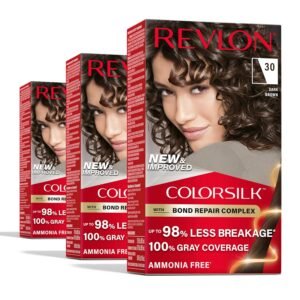 Revlon ColorSilk Bond Repair Complex 30 Dark Brown – ammonia-free permanent hair dye with vegan keratin and 100% gray coverage.