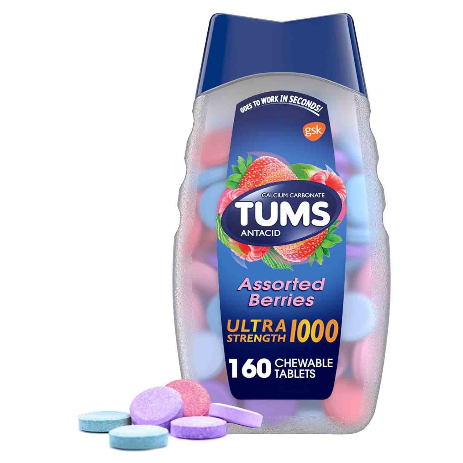 TUMS Ultra Strength Chewable Antacid Tablets β Assorted Berries 160 Count TUMS Ultra Strength chewable antacid tablets assorted berries for fast heartburn and acid indigestion relief.