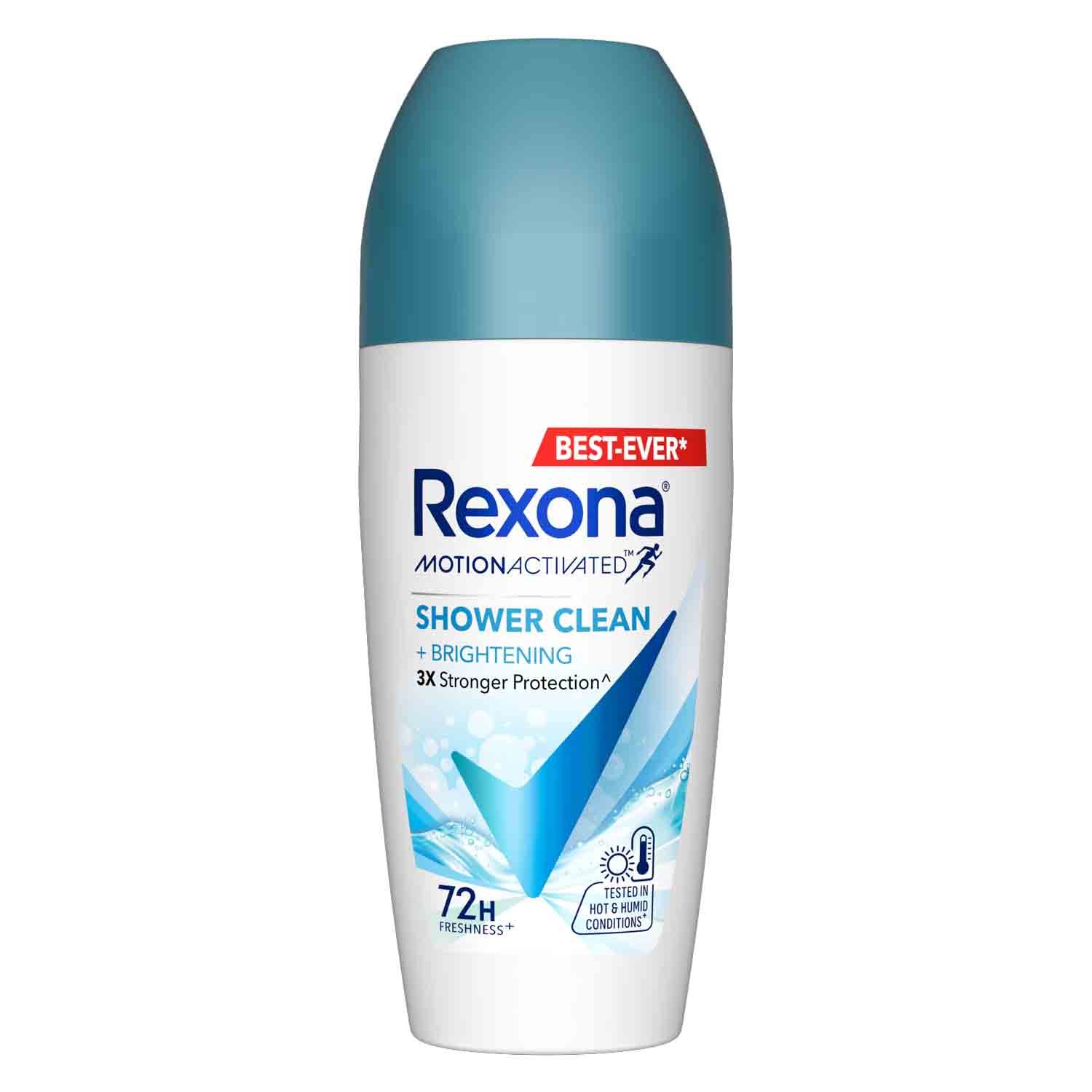 Rexona Shower Clean + Brightening Antiperspirant Roll-On 45ml – 72H Protection Rexona Shower Clean + Brightening Antiperspirant Roll-On 45ml – 72-hour protection deodorant for women with brightening formula for fresh, smooth underarms.