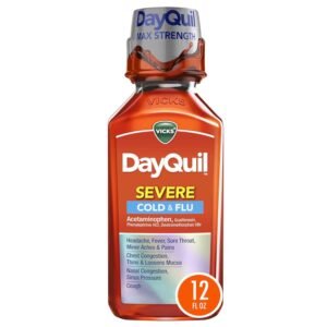 Vicks DayQuil SEVERE Cold & Flu Relief Liquid 354ml – maximum strength non-drowsy daytime medicine for 9 cold & flu symptoms including headache, fever, sore throat, congestion, and cough.