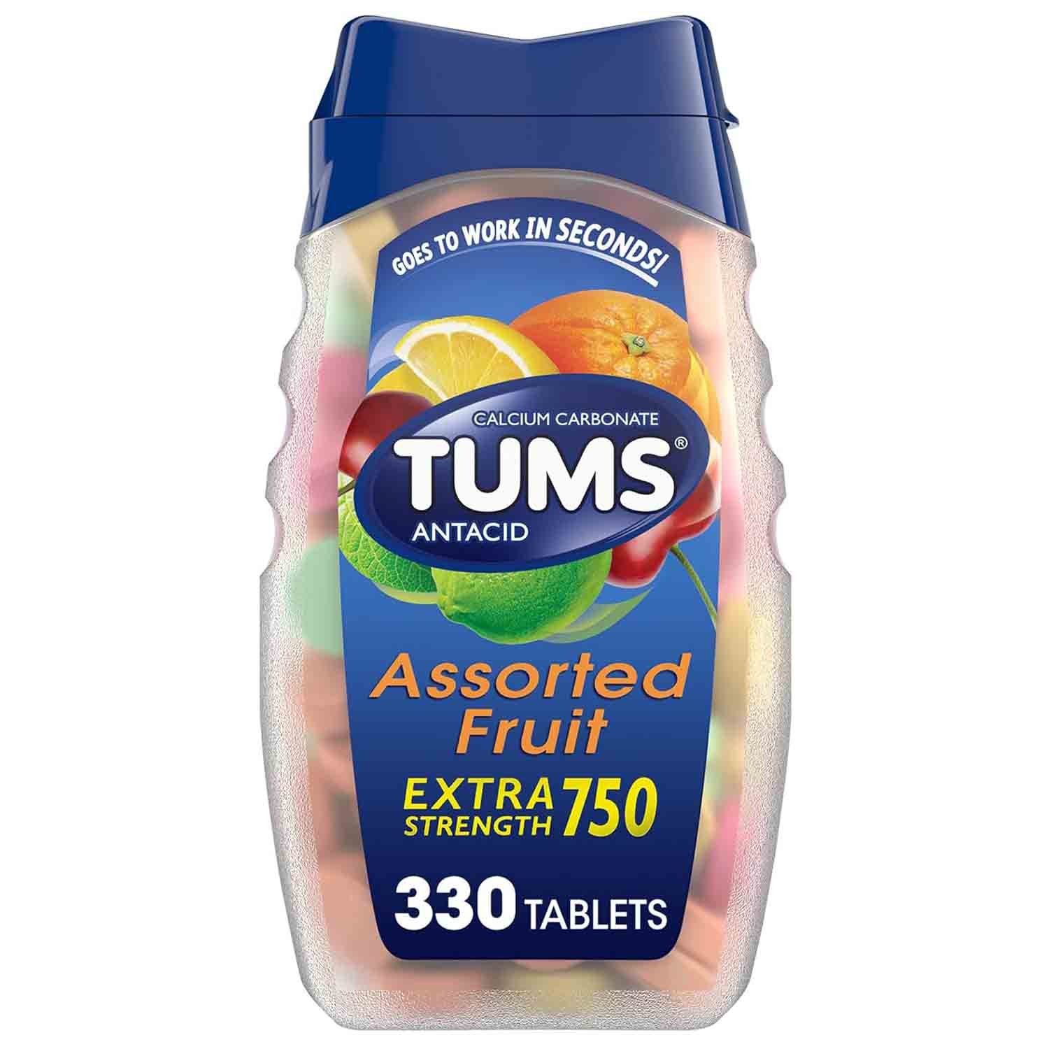 TUMS Chewable Antacid Tablets β Extra Strength Heartburn Relief, Assorted Fruit β 330 Count TUMS Extra Strength chewable antacid tablets assorted fruit for fast heartburn and acid indigestion relief.