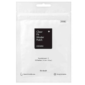 COSRX Clear Fit Master Patch 18 patches – ultra-thin hydrocolloid pimple patches that protect blemishes and absorb impurities for faster healing.