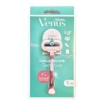Gillette Venus Deluxe Smooth Sensitive Razor Rose Gold with Shower Holder – 5-blade razor for sensitive skin with Aloe Vera lubrastrip.