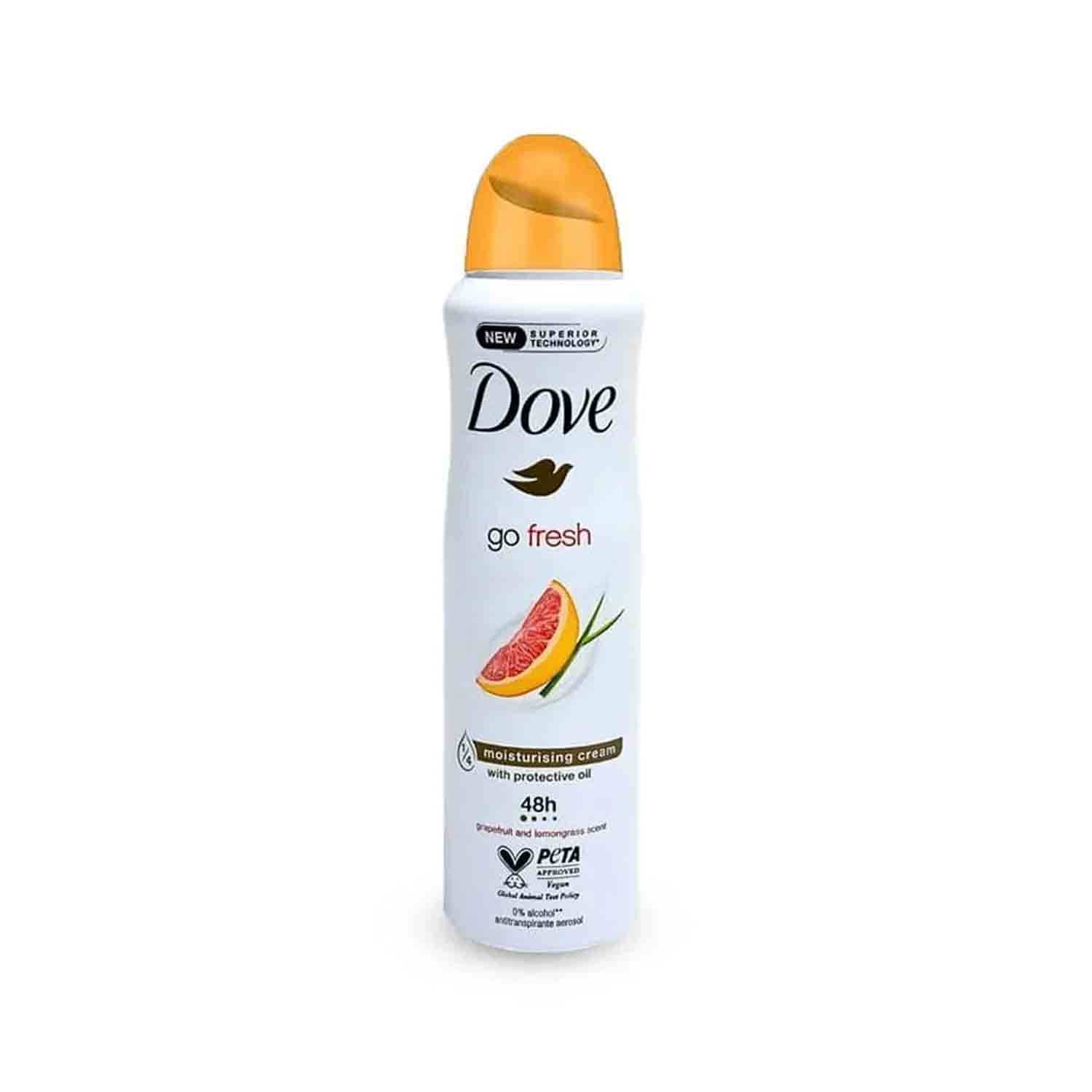 Dove Go Fresh Grapefruit & Lemongrass Antiperspirant Deodorant Spray β 150ml Dove Go Fresh Grapefruit & Lemongrass Antiperspirant Deodorant Spray 150ml β Keeps underarms fresh, dry, and odor-free with a zesty, uplifting fragrance.