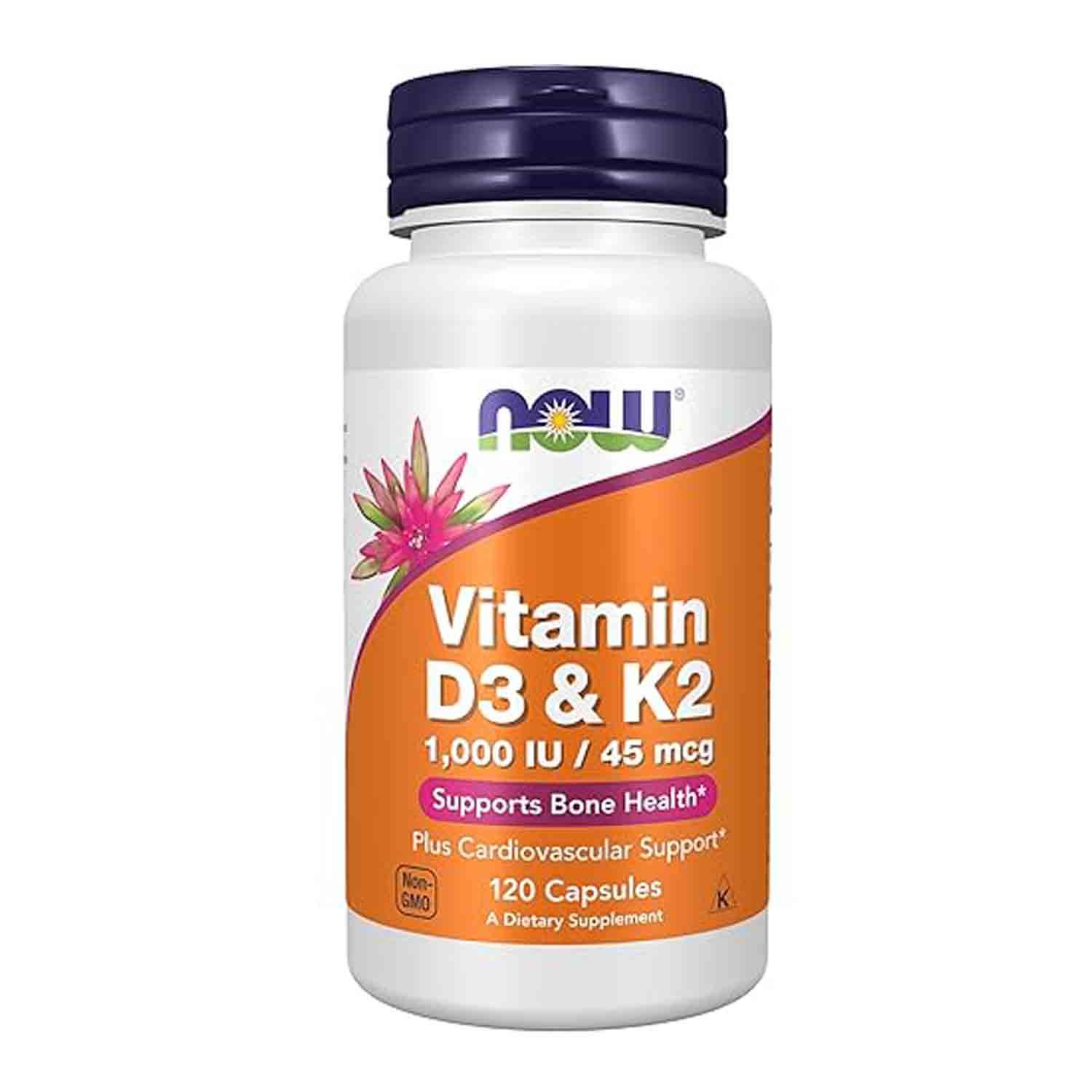 NOW Vitamin D-3 & K-2 – 25mcg + 45mcg | 120 Capsules NOW Vitamin D-3 & K-2 25mcg + 45mcg 120 Capsules – Supports bone, heart, and immune health with a balanced combination of Vitamin D-3 and K-2.