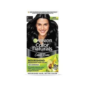 Garnier Color Naturals 1 Natural Black Hair Dye – nourishing permanent hair color enriched with natural oils that delivers deep natural black shade with full grey coverage and intense shine.