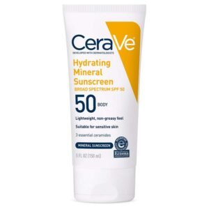 CeraVe 100% Mineral Sunscreen SPF 50 for Body 50ml – hydrating mineral sunscreen with zinc oxide, titanium dioxide, ceramides, and hyaluronic acid that protects skin from UV rays while keeping it moisturized.