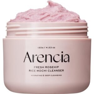 Arencia Rosehip Brightening Rice Mochi Face Cleanser & Daily Scrub 120g – Korean brightening cleanser with rice powder and rosehip for gentle exfoliation and glowing skin.