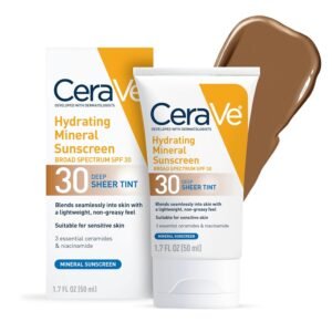 CeraVe Hydrating Mineral Sunscreen SPF 30 with Sheer Tint Deep 50ml – tinted mineral sunscreen with zinc oxide and titanium dioxide that protects skin from UV rays while giving a natural healthy glow.