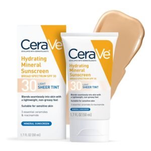 CeraVe Hydrating Mineral Sunscreen SPF 30 with Sheer Tint Light 50ml – tinted mineral sunscreen with zinc oxide and titanium dioxide that protects skin while providing a natural, healthy glow.