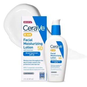 CeraVe AM Facial Moisturizing Lotion SPF 50 89ml – lightweight face moisturizer with SPF, hyaluronic acid, niacinamide, and ceramides that hydrates skin while providing broad-spectrum sun protection.