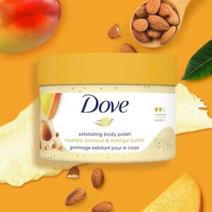 Dove Exfoliating Body Polish Crushed Almonds and Mango Butter – sulfate-free body scrub that gently exfoliates dead skin cells and leaves skin soft, smooth, and nourished.