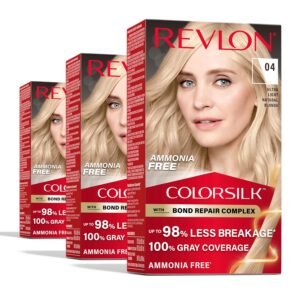 Revlon ColorSilk Blonde Hair Color 04 Ultra Light Natural Blonde – permanent ammonia-free hair dye with Bond Repair Complex for 100% gray coverage and soft, shiny hair.