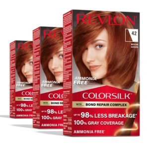 Revlon ColorSilk Auburn Hair Color 42 Medium Auburn – permanent ammonia-free hair dye with Bond Repair Complex for 100% gray coverage and shiny, healthy hair.